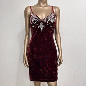 Natori VTG 90s‎ Y2K Burgundy Velvet Chemise Slip Dress Embroidery Beaded Size M